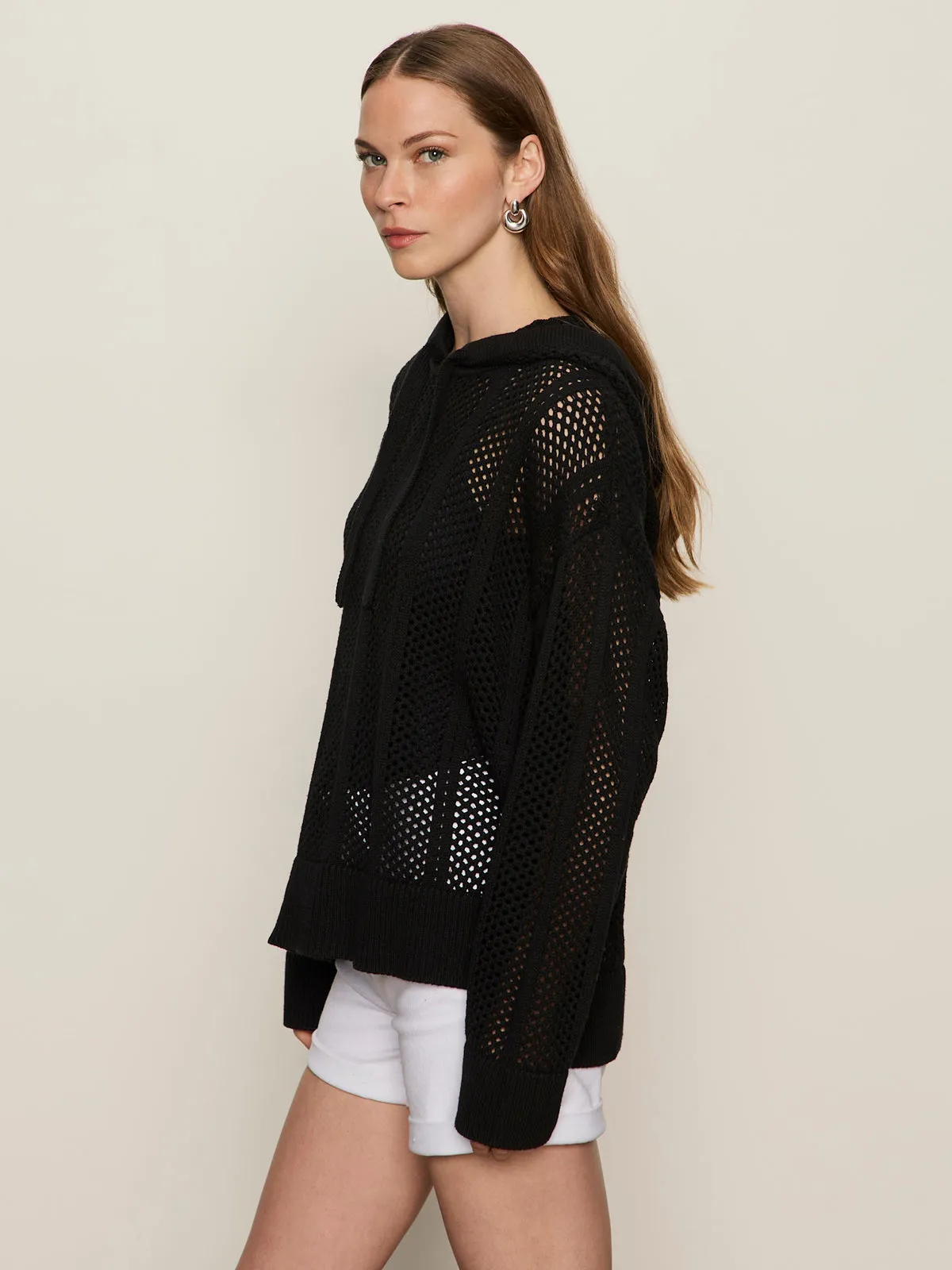 Beach Hoodie Black Ribbed Cuffs Street Style