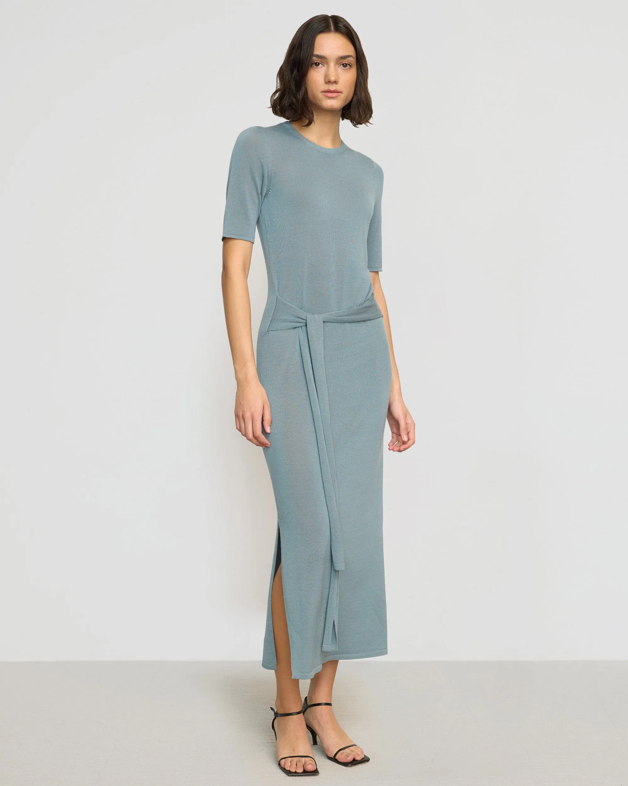 Larkyn Tie-Front Semi-Sheer Tencel-Wool Dress Casual Waist Celebrity-Inspired