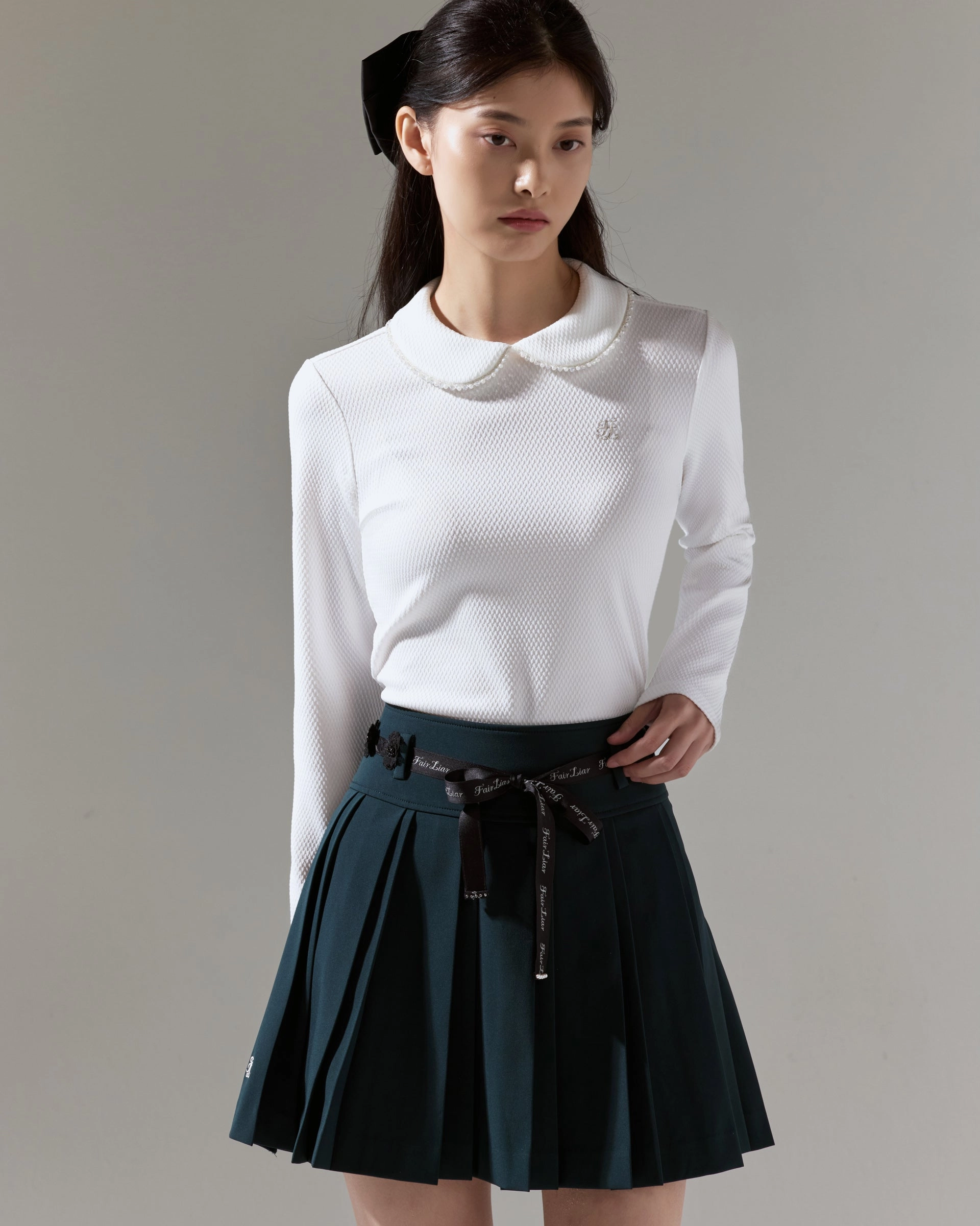 Flexible Knit Fabric Low Profile Zipper Closure Beaded round collar T-shirt - Ivory