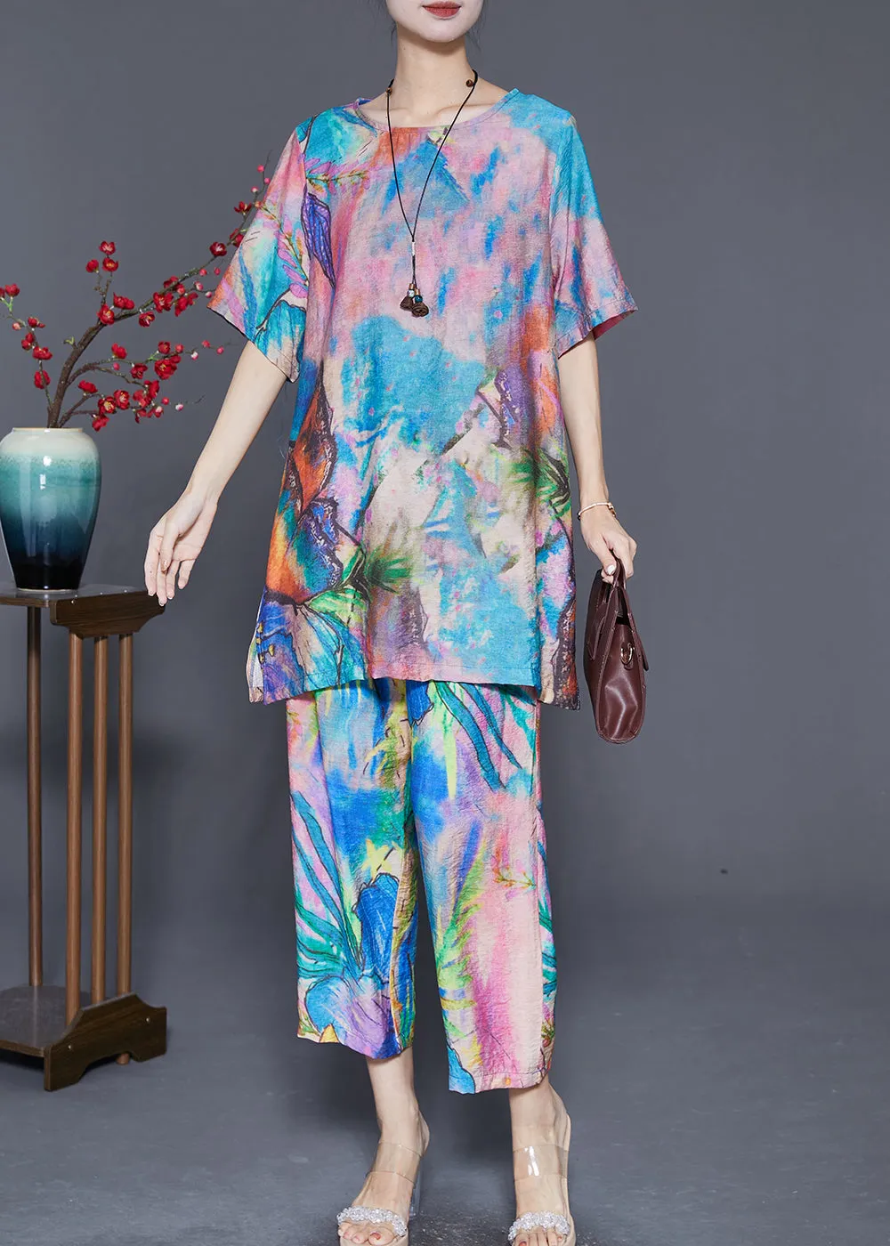 Beautiful Blue Butterfly Tie Dye Linen Silk Two Piece Set Outfits Summer LY6867