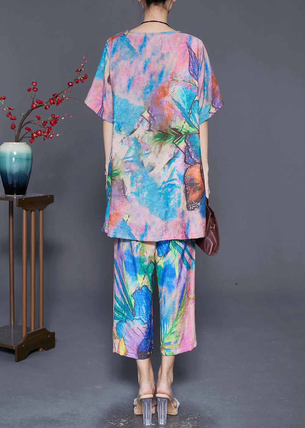 Beautiful Blue Butterfly Tie Dye Linen Silk Two Piece Set Outfits Summer LY6867