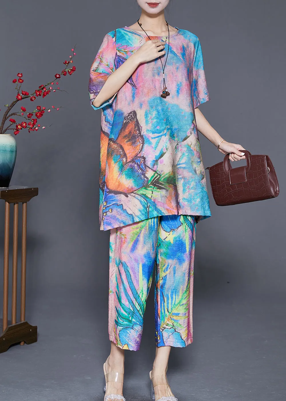 Beautiful Blue Butterfly Tie Dye Linen Silk Two Piece Set Outfits Summer LY6867