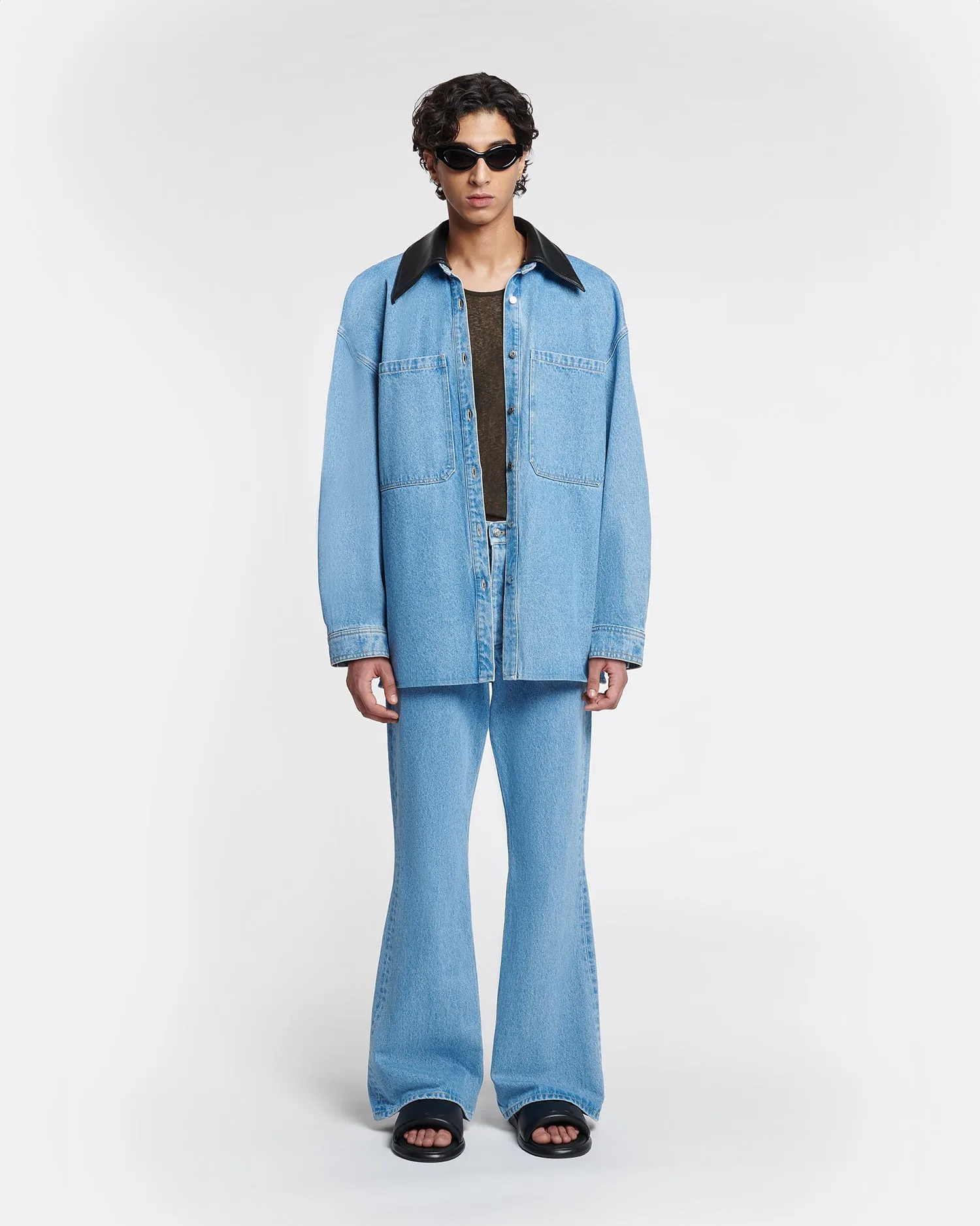 Beaux - Leather-Trimmed Denim Shirt - Mid Blue Active Layer Low Profile Zipper