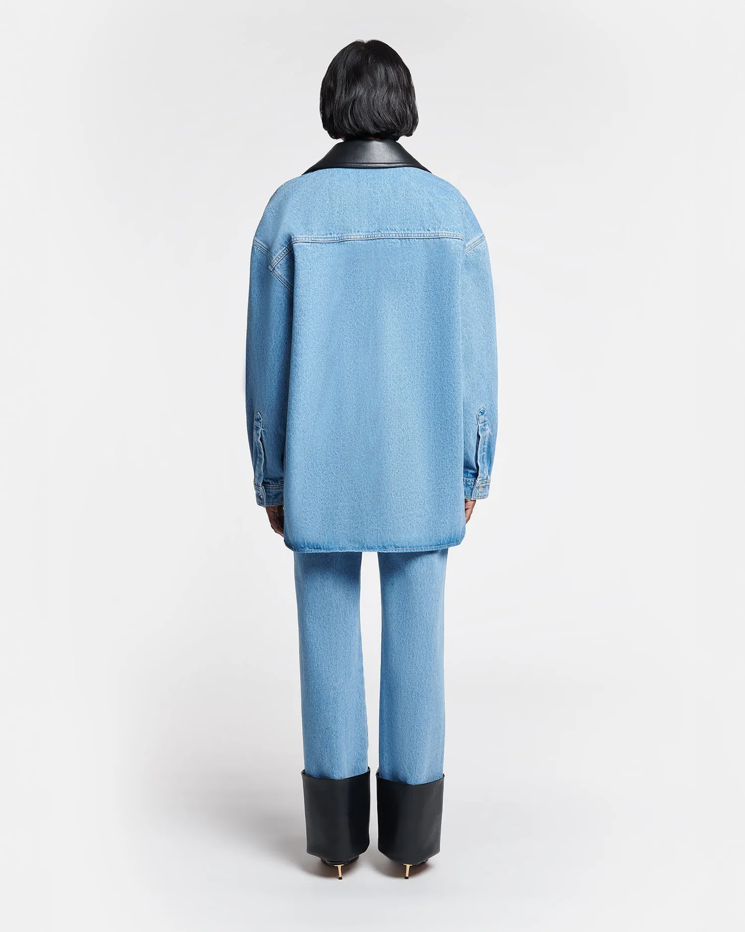 Free Movement Beaux - Leather-Trimmed Denim Shirt - Mid Blue