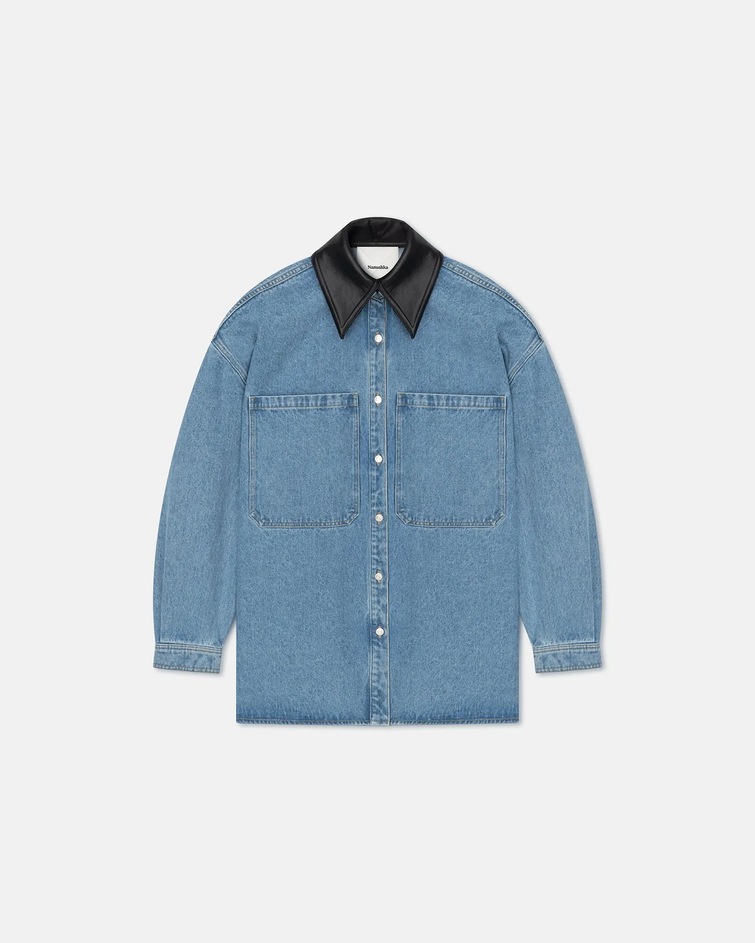 Beaux - Leather-Trimmed Denim Shirt - Mid Blue Value for Money