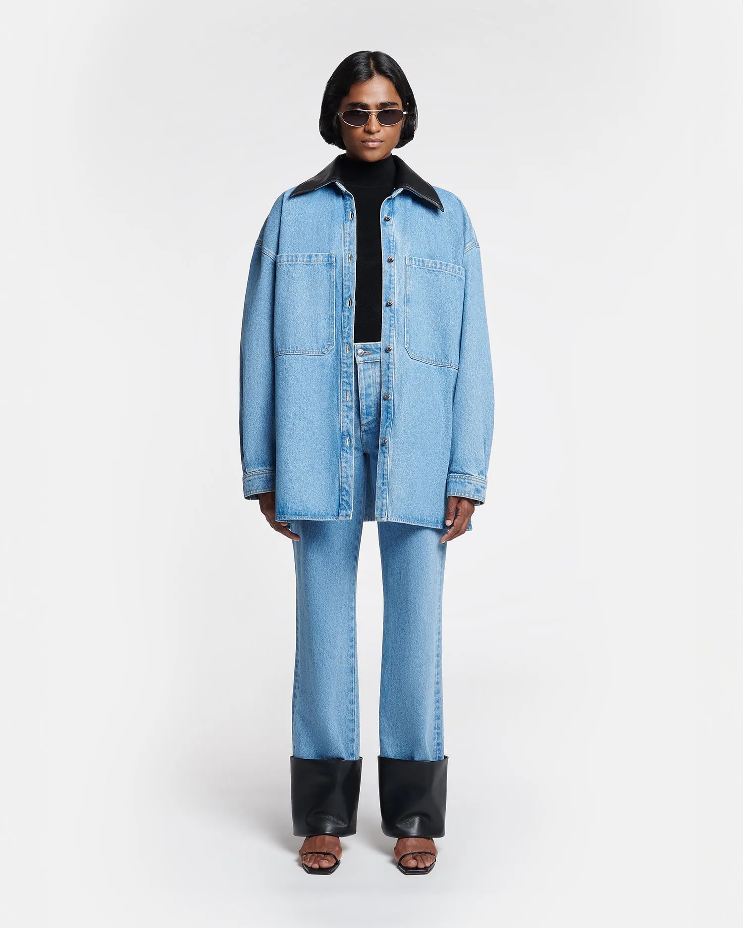 Beaux - Leather-Trimmed Denim Shirt - Mid Blue Exclusive Design Flexible Fit
