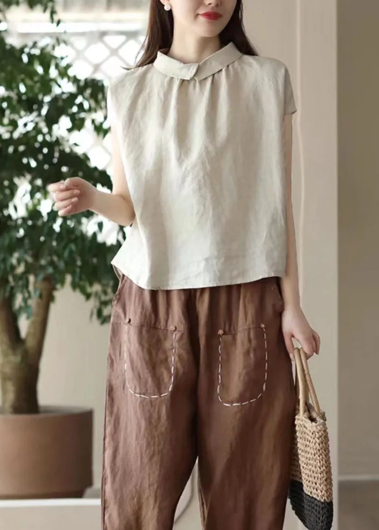 Beige Patchwork Linen Tops Peter Pan Collar Wrinkled Button Summer LY7808