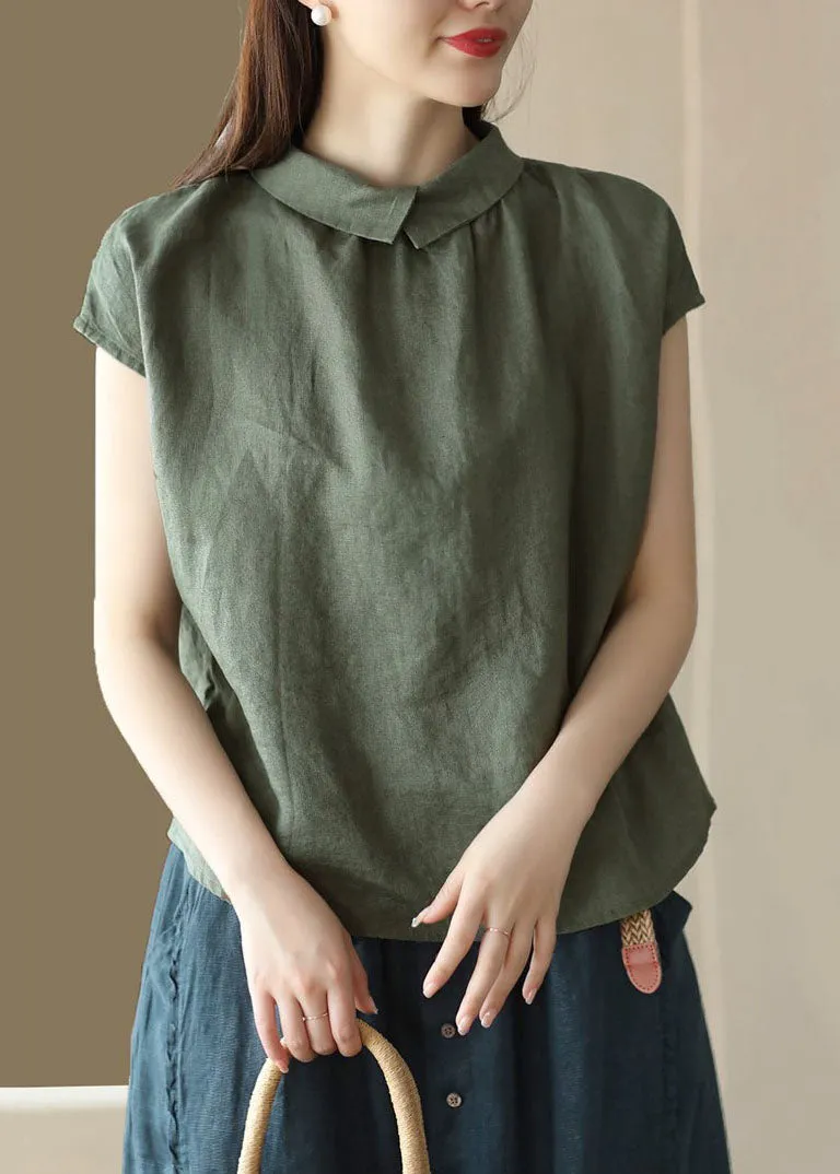 Beige Patchwork Linen Tops Peter Pan Collar Wrinkled Button Summer LY7808
