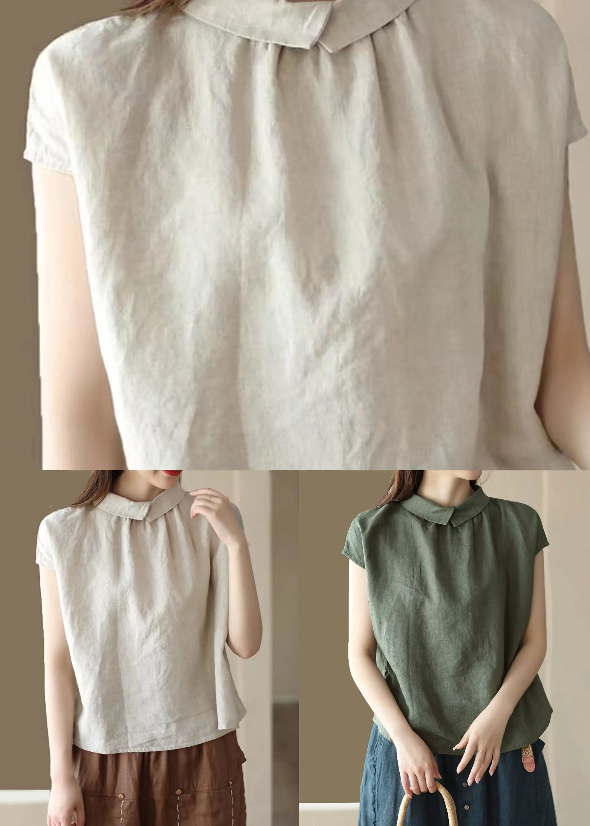 Beige Patchwork Linen Tops Peter Pan Collar Wrinkled Button Summer LY7808