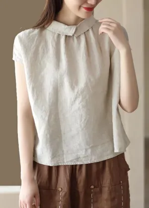 Beige Patchwork Linen Tops Peter Pan Collar Wrinkled Button Summer LY7808