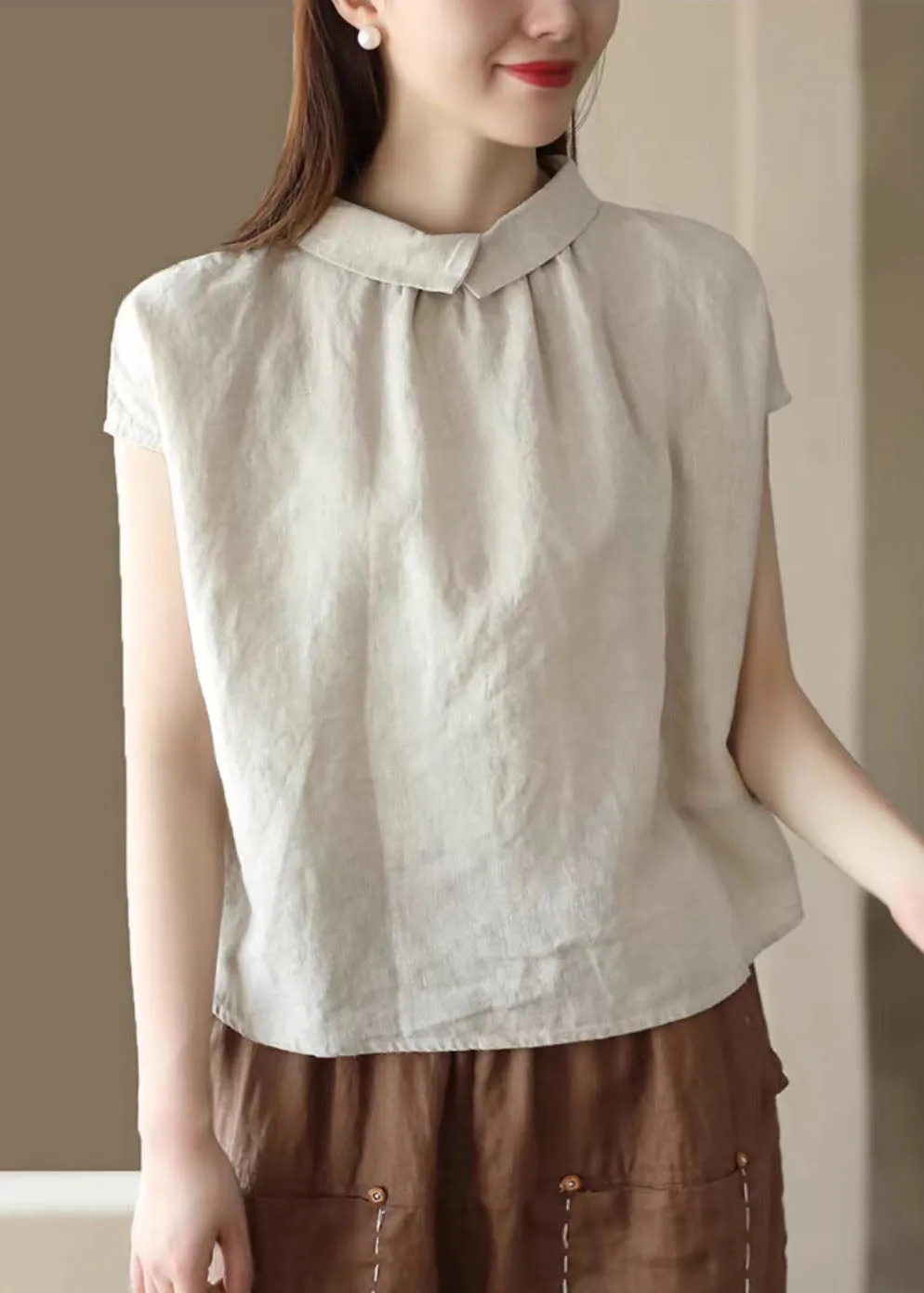 Beige Patchwork Linen Tops Peter Pan Collar Wrinkled Button Summer LY7808