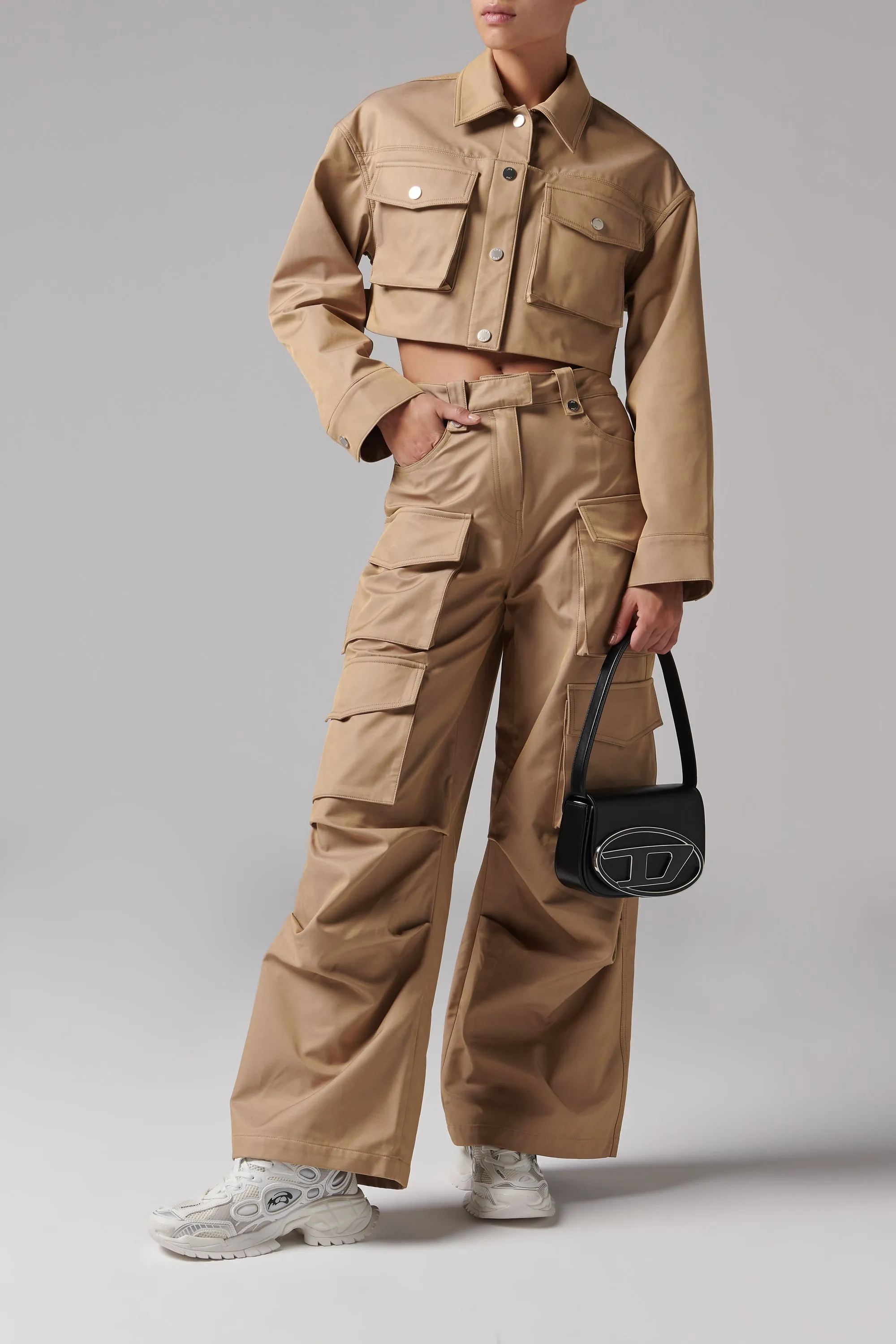 Beige Wide-Leg High-Rise Cargo Pants