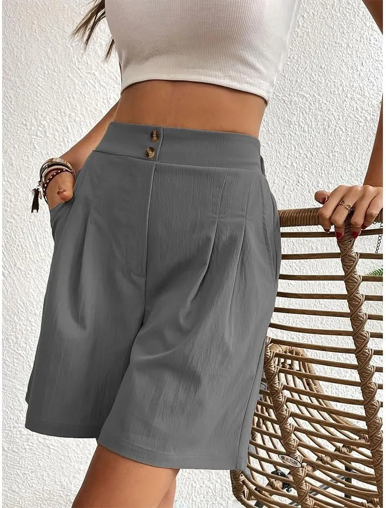 Bermuda Shorts for Women Knee Length Cotton Shorts with Pockets Womens Summer Trendy Elastic Waist Shorts