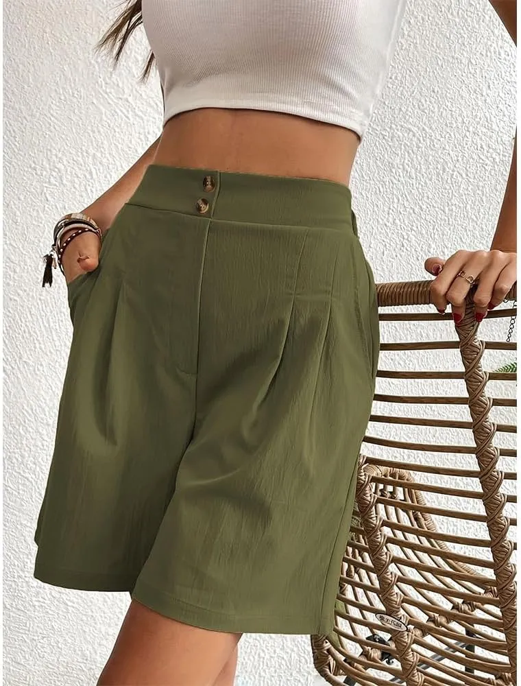 Bermuda Shorts for Women Knee Length Cotton Shorts with Pockets Womens Summer Trendy Elastic Waist Shorts