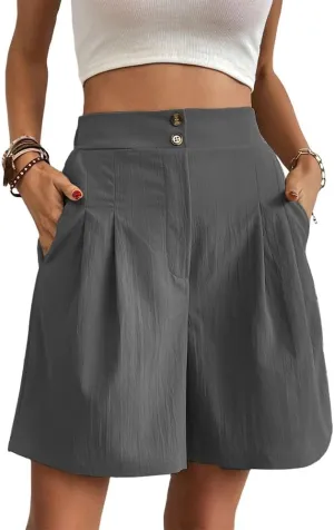 Bermuda Shorts for Women Knee Length Cotton Shorts with Pockets Womens Summer Trendy Elastic Waist Shorts