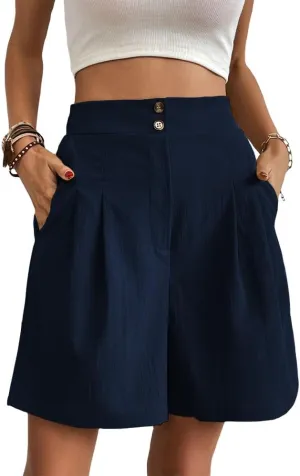 Bermuda Shorts for Women Knee Length Cotton Shorts with Pockets Womens Summer Trendy Elastic Waist Shorts