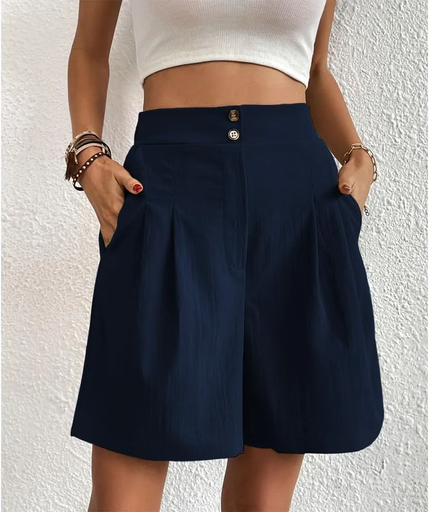 Bermuda Shorts for Women Knee Length Cotton Shorts with Pockets Womens Summer Trendy Elastic Waist Shorts