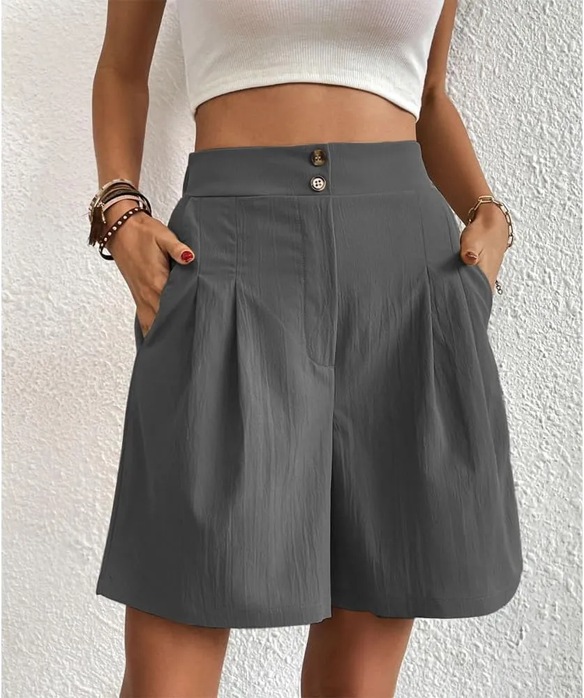 Bermuda Shorts for Women Knee Length Cotton Shorts with Pockets Womens Summer Trendy Elastic Waist Shorts