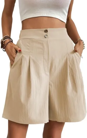 Bermuda Shorts for Women Knee Length Cotton Shorts with Pockets Womens Summer Trendy Elastic Waist Shorts