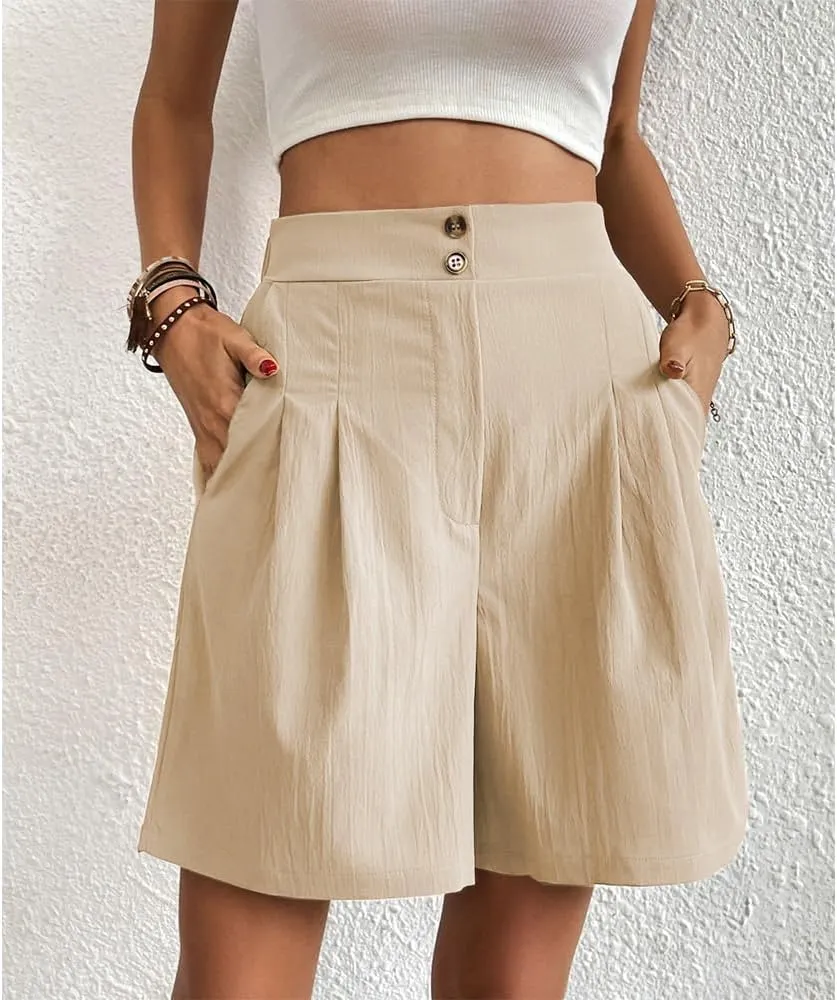 Bermuda Shorts for Women Knee Length Cotton Shorts with Pockets Womens Summer Trendy Elastic Waist Shorts