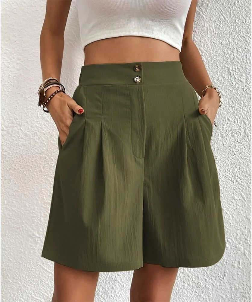 Bermuda Shorts for Women Knee Length Cotton Shorts with Pockets Womens Summer Trendy Elastic Waist Shorts