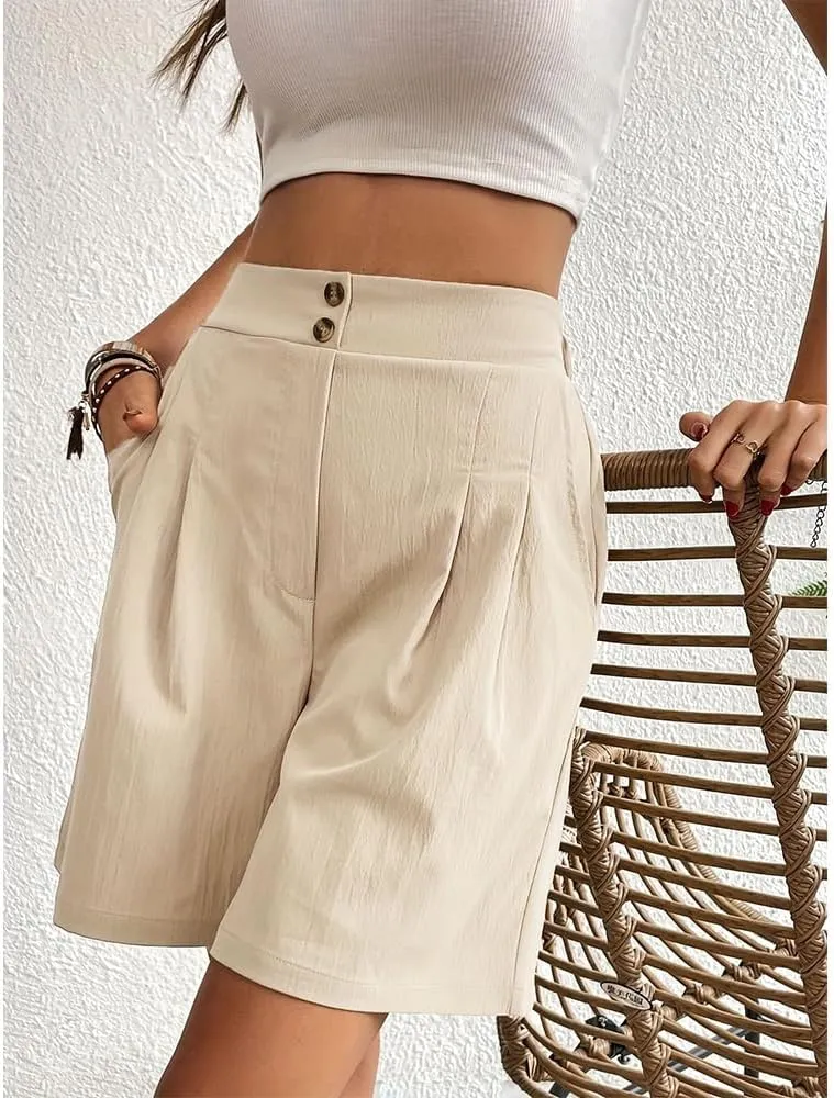 Bermuda Shorts for Women Knee Length Cotton Shorts with Pockets Womens Summer Trendy Elastic Waist Shorts