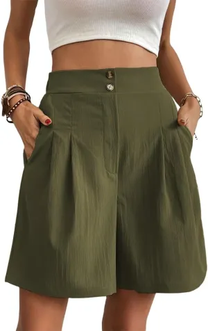 Bermuda Shorts for Women Knee Length Cotton Shorts with Pockets Womens Summer Trendy Elastic Waist Shorts