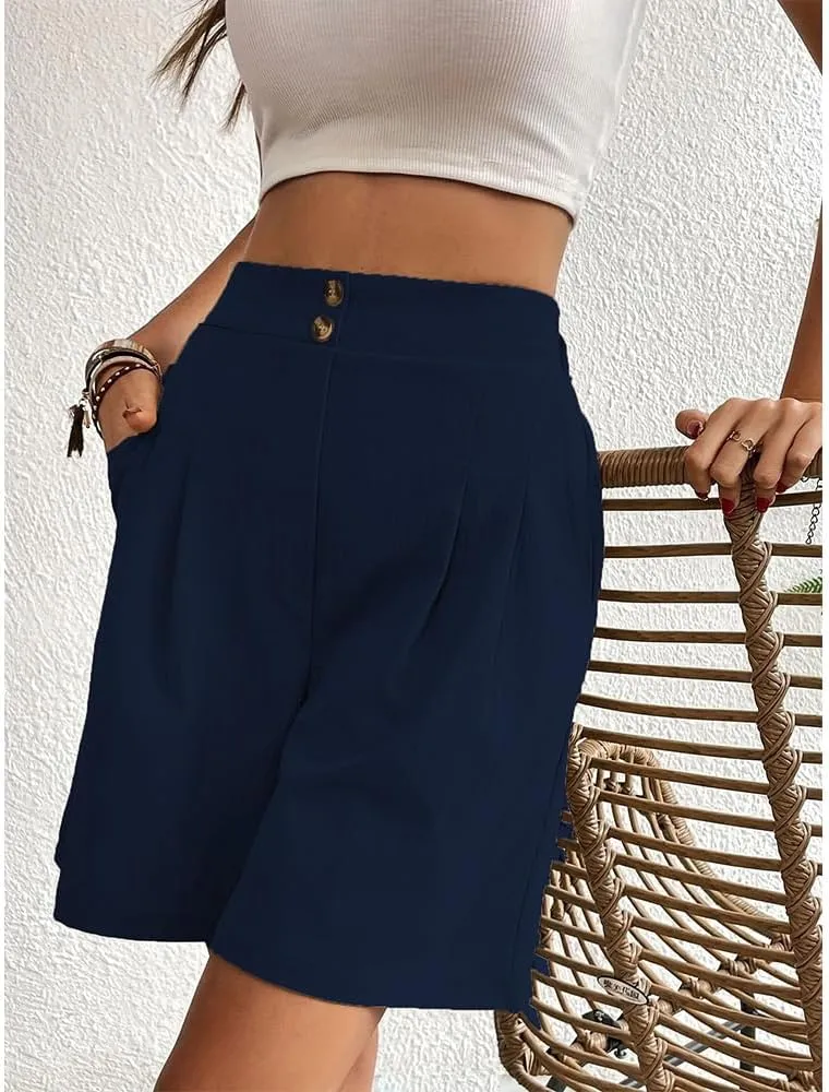 Bermuda Shorts for Women Knee Length Cotton Shorts with Pockets Womens Summer Trendy Elastic Waist Shorts