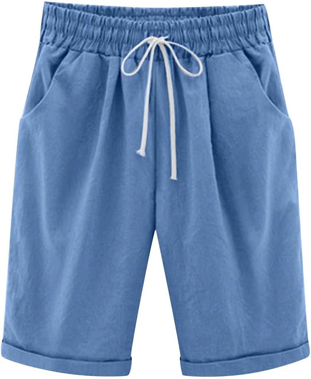Bermuda Shorts for Women Knee Length Linen Shorts Casual Plus Size Shorts Elastic Waist Half Knee Pants Summer Shorts