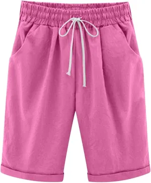 Bermuda Shorts for Women Knee Length Linen Shorts Casual Plus Size Shorts Elastic Waist Half Knee Pants Summer Shorts