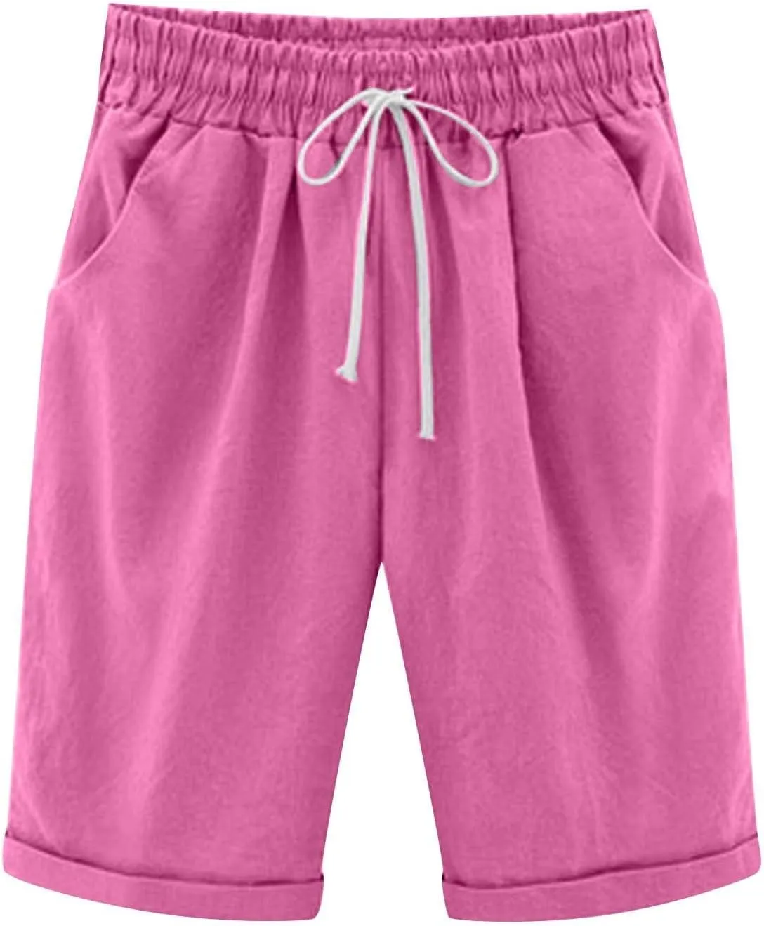 Bermuda Shorts for Women Knee Length Linen Shorts Casual Plus Size Shorts Elastic Waist Half Knee Pants Summer Shorts