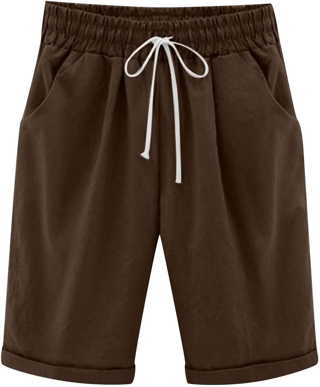 Bermuda Shorts for Women Knee Length Linen Shorts Casual Plus Size Shorts Elastic Waist Half Knee Pants Summer Shorts