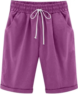 Bermuda Shorts for Women Knee Length Linen Shorts Casual Plus Size Shorts Elastic Waist Half Knee Pants Summer Shorts
