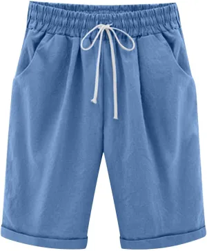 Bermuda Shorts for Women Knee Length Linen Shorts Casual Plus Size Shorts Elastic Waist Half Knee Pants Summer Shorts