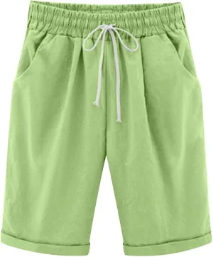 Bermuda Shorts for Women Knee Length Linen Shorts Casual Plus Size Shorts Elastic Waist Half Knee Pants Summer Shorts