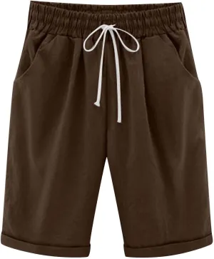 Bermuda Shorts for Women Knee Length Linen Shorts Casual Plus Size Shorts Elastic Waist Half Knee Pants Summer Shorts