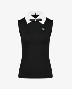 Big collar ribbon sleeveless t-shirt- Black Sustainable Manufacturing Process