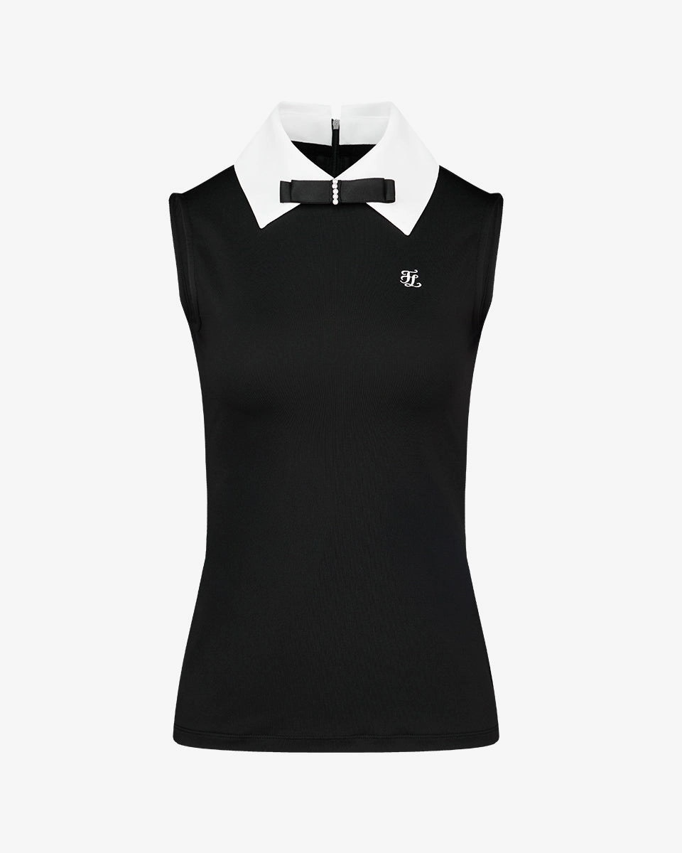 Big collar ribbon sleeveless t-shirt- Black Relaxed Sweatshirt