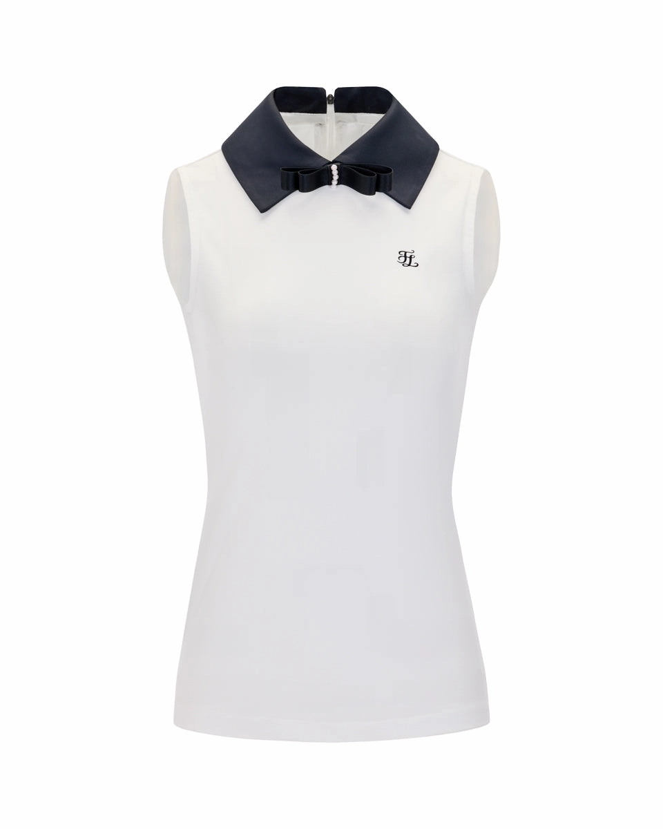 Light material Big collar ribbon sleeveless t-shirt- White