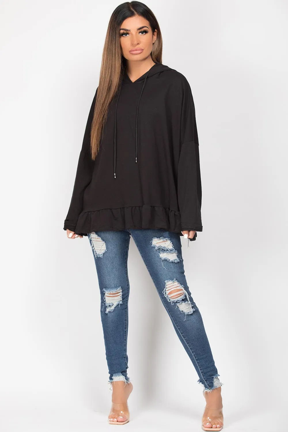 Black Frill Hem Oversized Hoodie