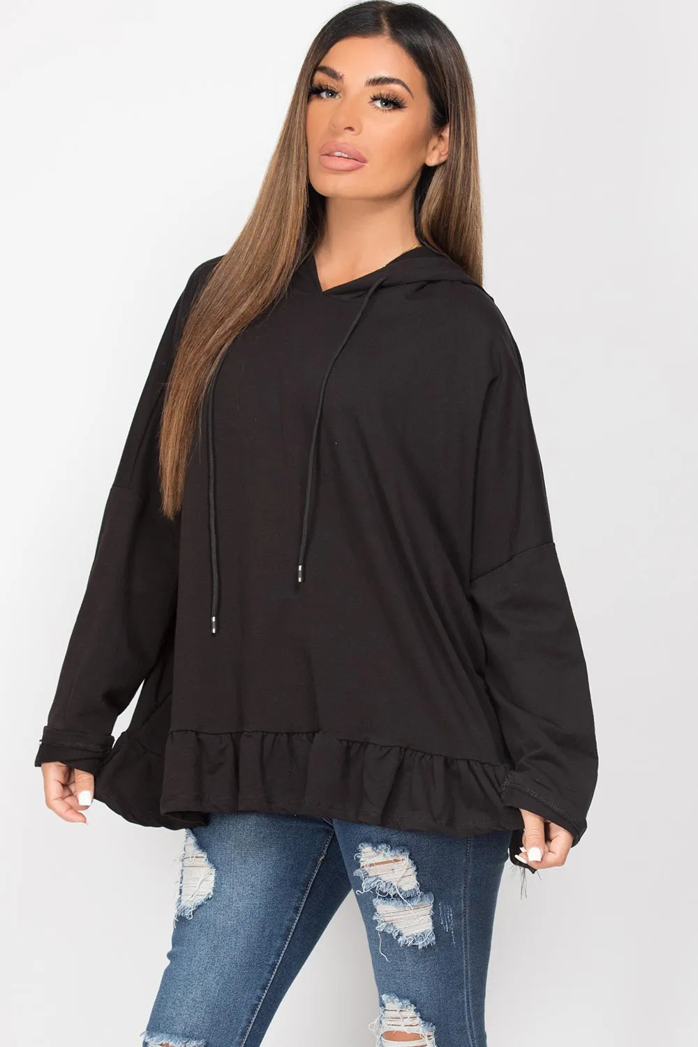 Black Frill Hem Oversized Hoodie