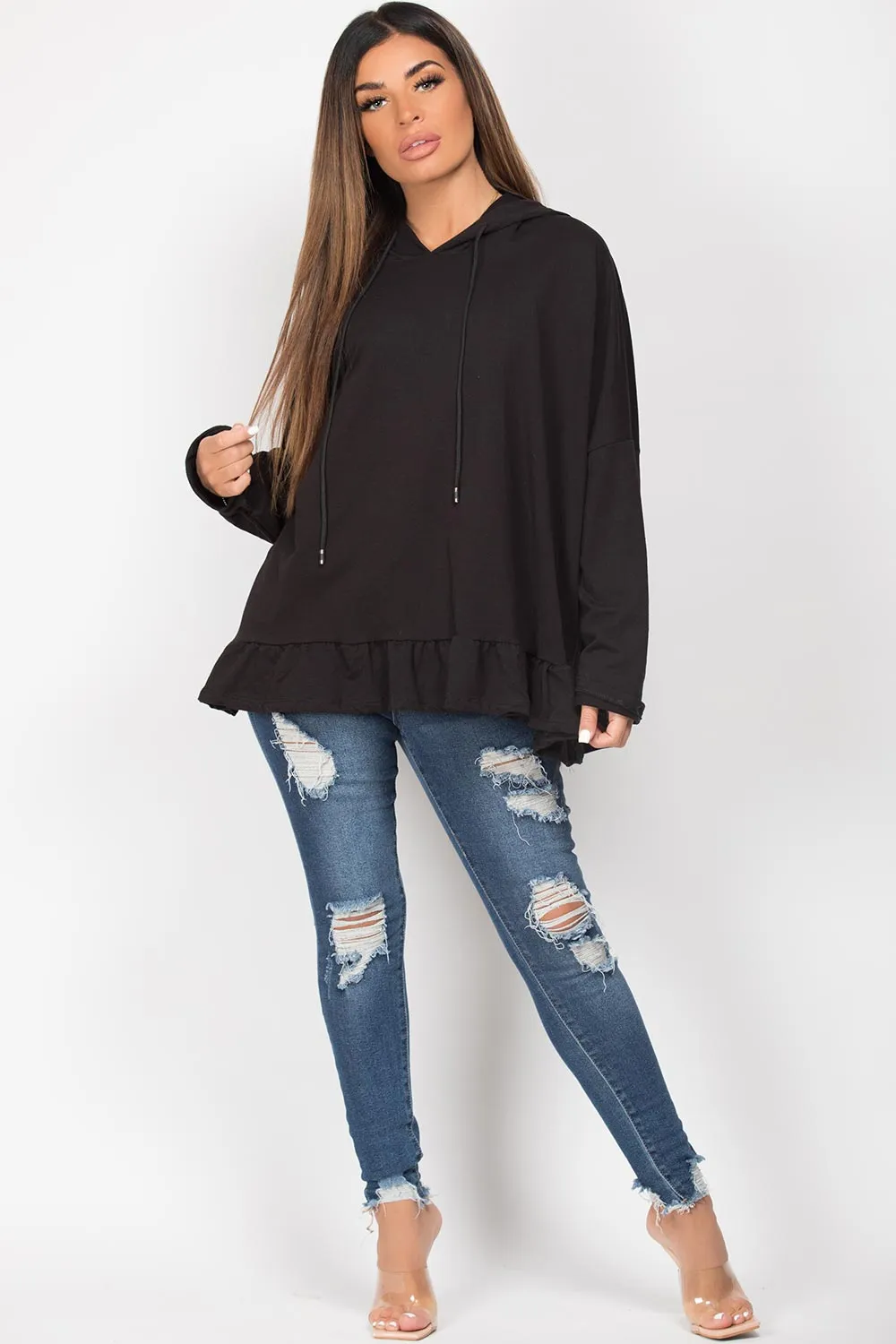 Black Frill Hem Oversized Hoodie
