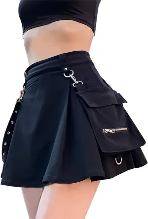 Black Mini Skirt Punk Goth with Belt Pockets High Waisted Cargo Skirt Edgy Skirt with Chain
