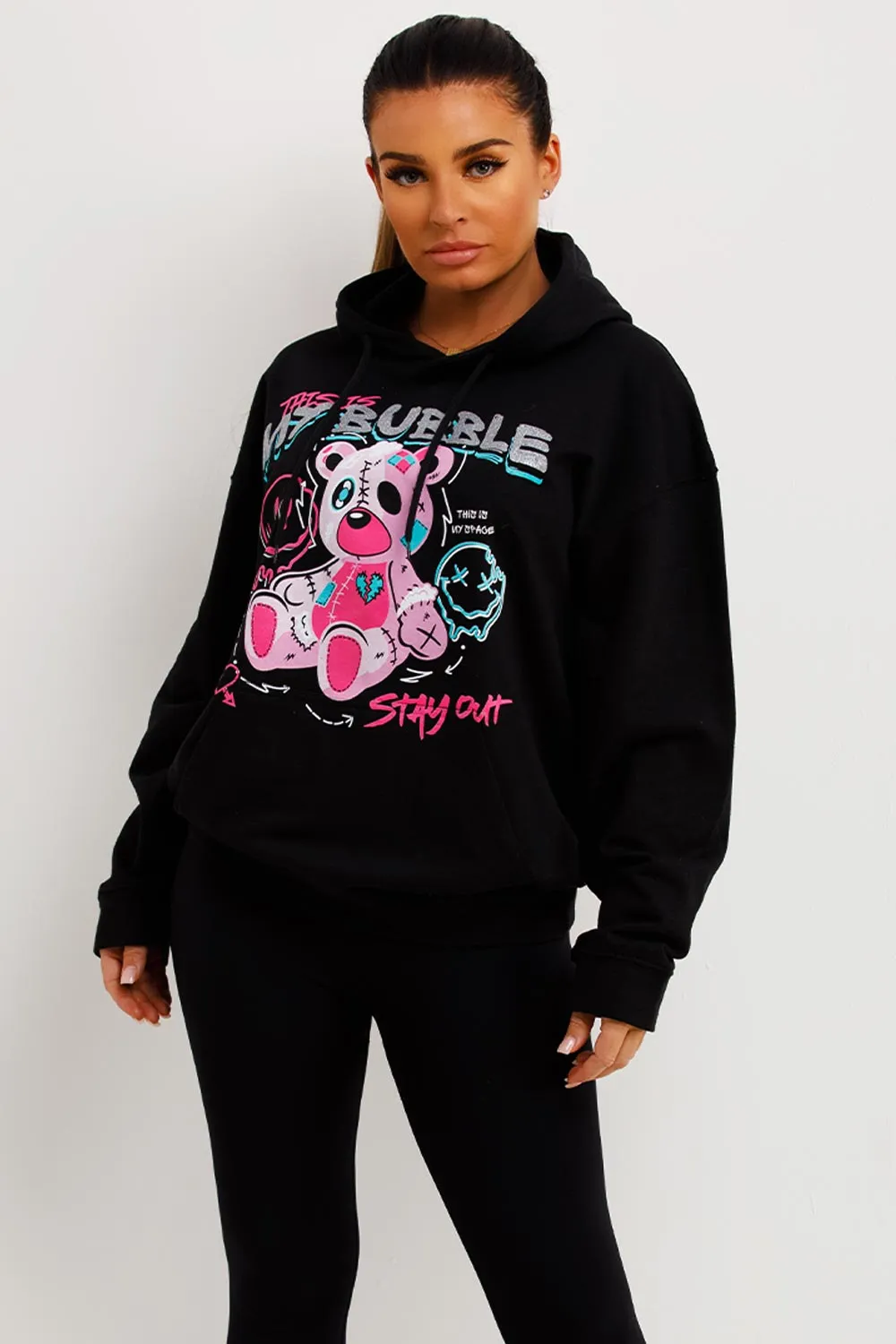 Black Oversized Hoodie With Teddy Bear Bubble Graphics