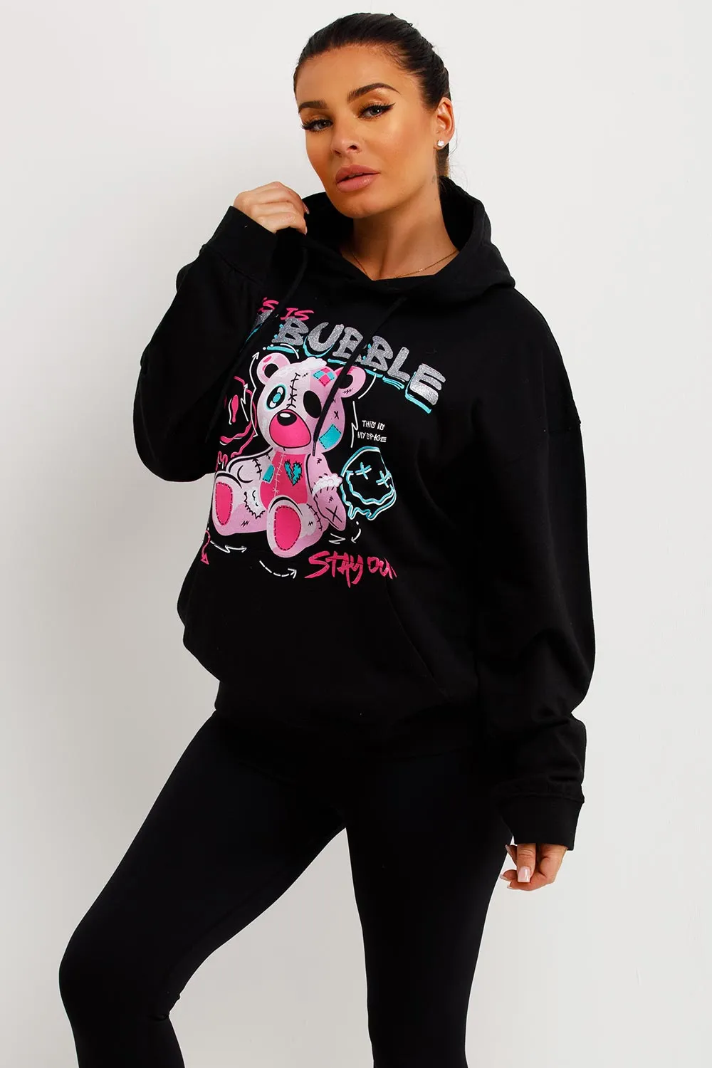 Black Oversized Hoodie With Teddy Bear Bubble Graphics