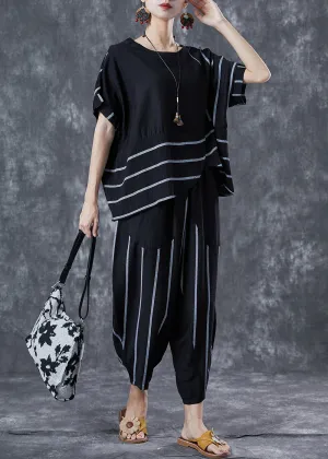 Black Striped Linen Two Pieces Set Oversized Asymmetrical Design Summer LY5642