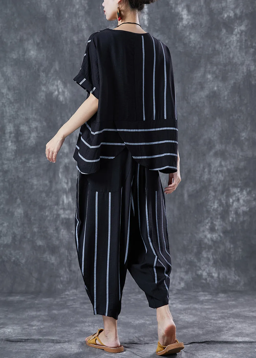 Black Striped Linen Two Pieces Set Oversized Asymmetrical Design Summer LY5642