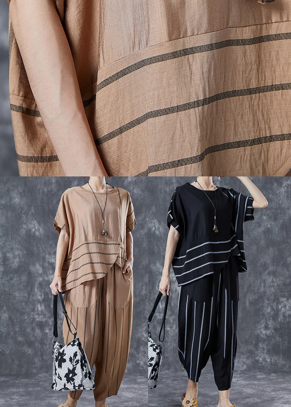 Black Striped Linen Two Pieces Set Oversized Asymmetrical Design Summer LY5642