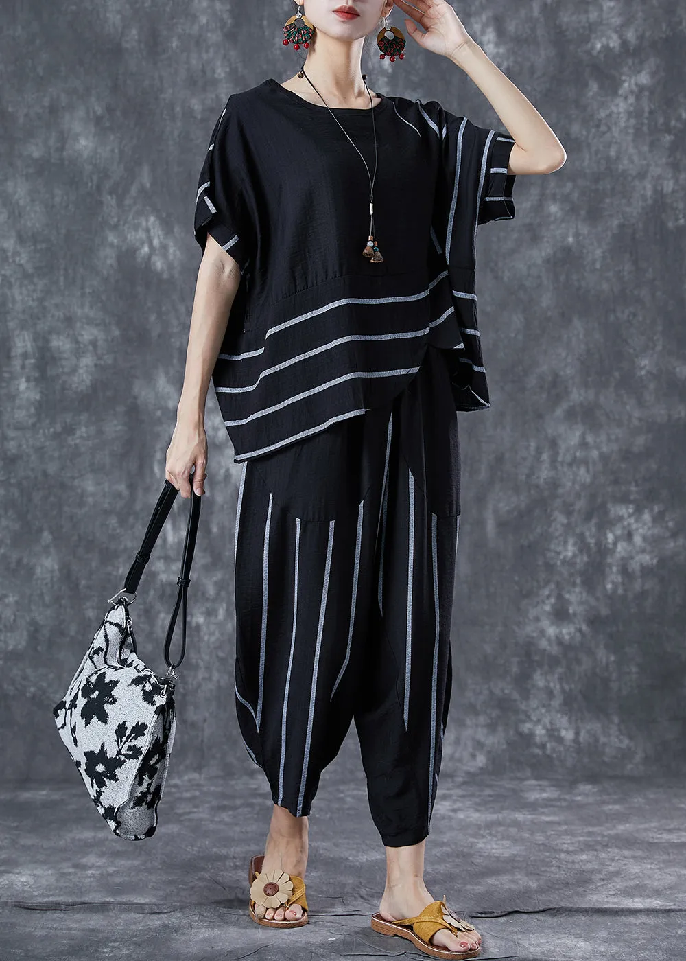 Black Striped Linen Two Pieces Set Oversized Asymmetrical Design Summer LY5642