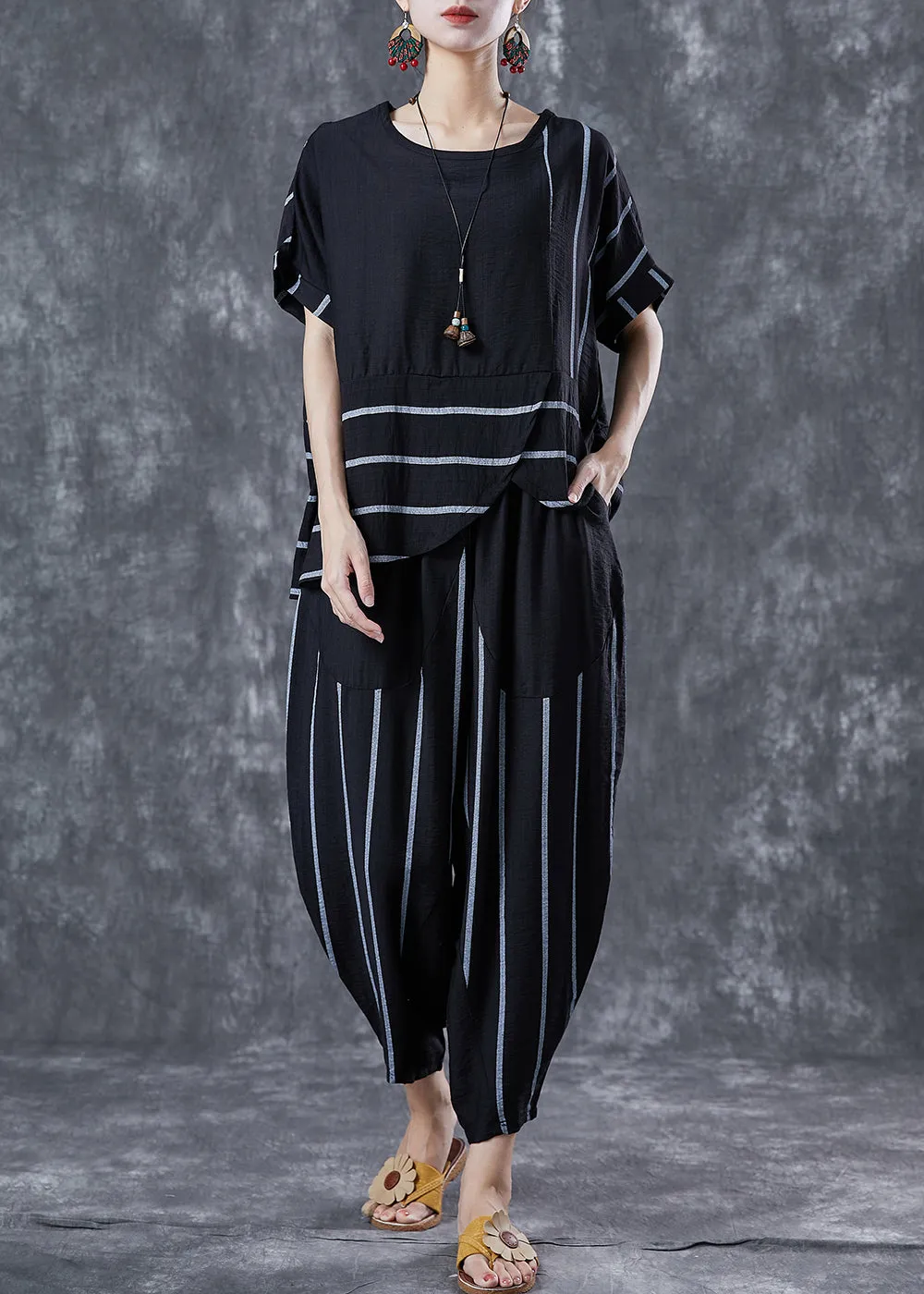 Black Striped Linen Two Pieces Set Oversized Asymmetrical Design Summer LY5642